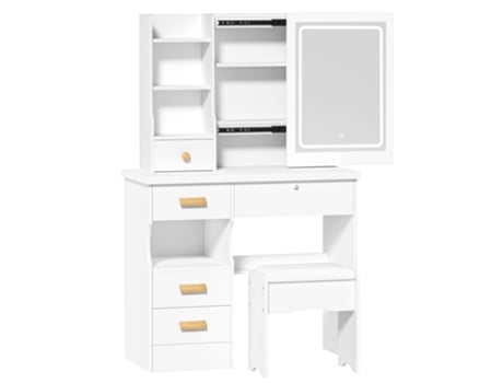 Tocadores Para Quarto Led - Biplut - 5 Gavetas - Banco Acolchoado - Três Modos De Iluminação - Estilo Moderno - Branco - 80 X 132 X 36 Cm