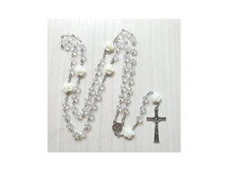 Collar Rosario De Cristal Rosa Católico Com Cruz Antiga Medalha Cadeia Longa Para Mulher Blanco
