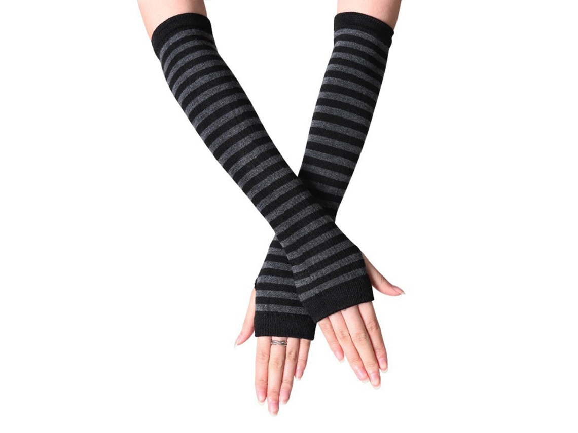 Luvas Compridas Góticas Punk Femininas Listradas Sem Dedos, Malha Elástica com Orifício Polegar, Aquecedor de Pulso de Inverno