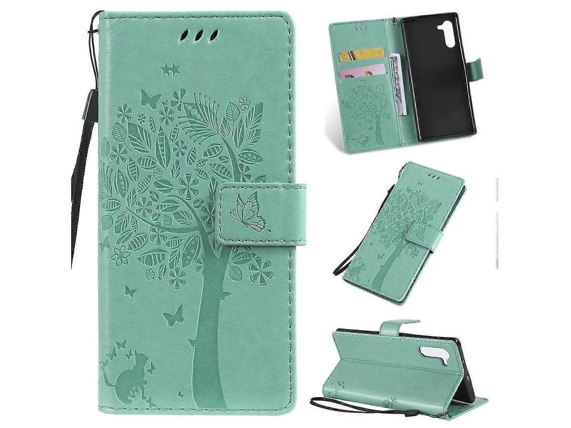 Capa De Couro Pu Com Estampa Horizontal De Árvore E Gato, Suporte, Compartimentos Para Cartões, Carteira E Cordão Para Galaxy Note10.