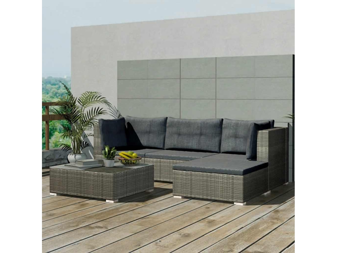 Vidaxl 5 Pcs Conjunto Lounge De Jardim C/ Almofadões Vime Pe Cinzento
