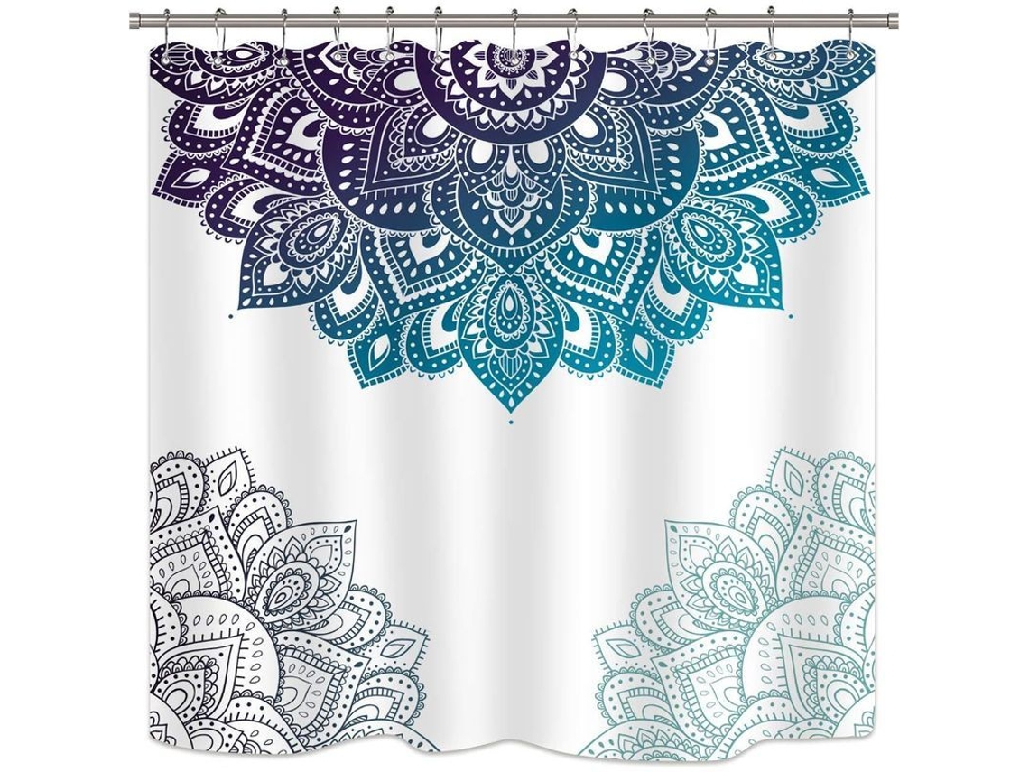 Cortina De Baño Mandala Henna Bohemio Tela Impermeable De Poliéster 182.88x182.88cm Patrón Floral Azul Degradado Con 12 Ganchos Plásticos