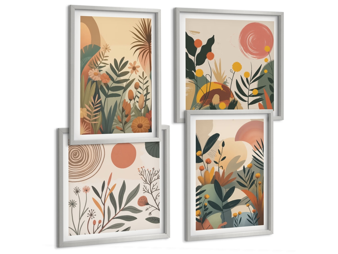 Composição De Quadros Estilo Boho Com Figura Plantas Espelharte (4 Peças)