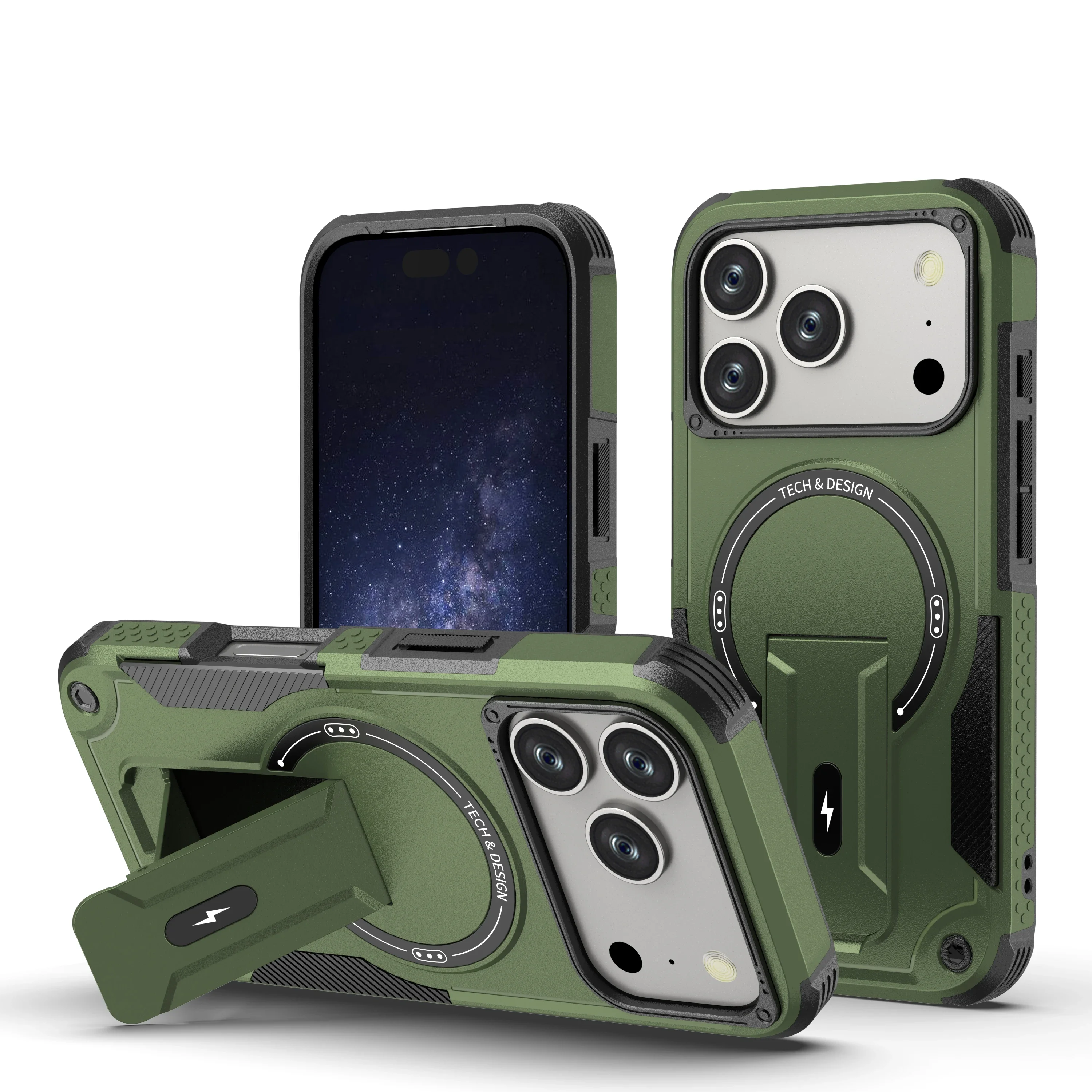 (verde Militar, Iphone 12) Capa Protetora Magnética Resistente Com Carregamento, Dobrável E Com Suporte Invisível