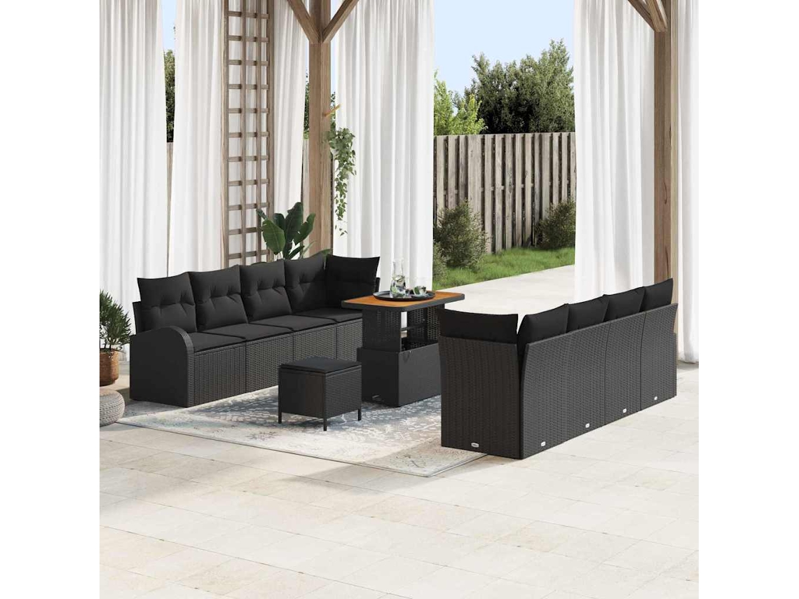 Vidaxl Conjunto de Sofá de Jardim com Almofada 11 Pcs Preto Vime Pe