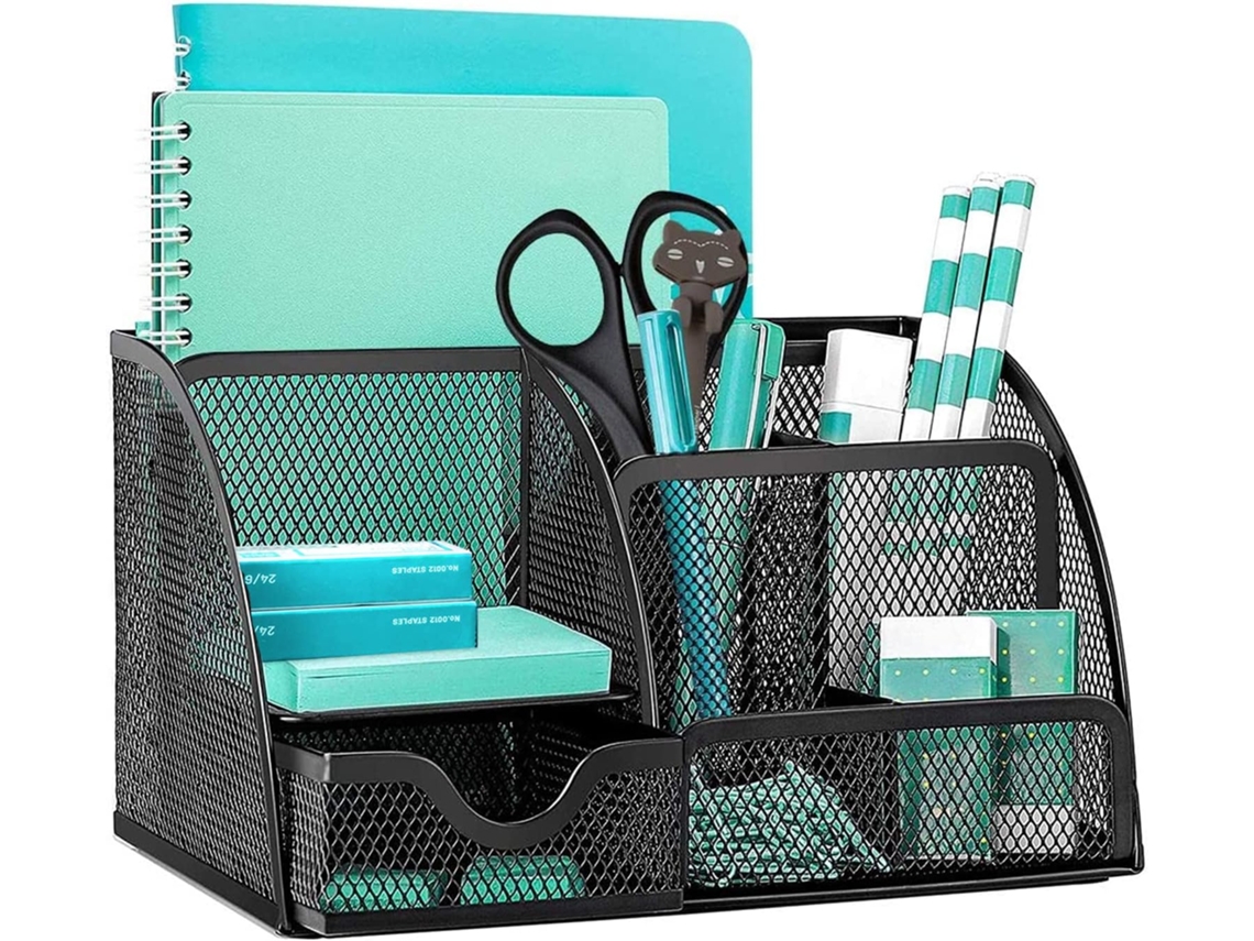 Organizador de Mesa em Tela Mesh, Multifuncional, com Porta, Canetas, 6 Compartimentos e 1 Gaveta Deslizante BRILVIBERA