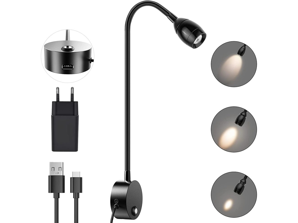 Luminária de leitura LED de longa duração para parede com iluminação concentrada, dimerizável por toque para ajuste personalizado do brilho, luz noturna.