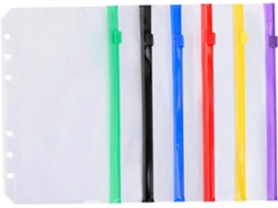 Conjunto de 6 pastas transparentes tamanho A6 com zíper e folhas metalizadas para organizar papéis soltos na sua mesa.