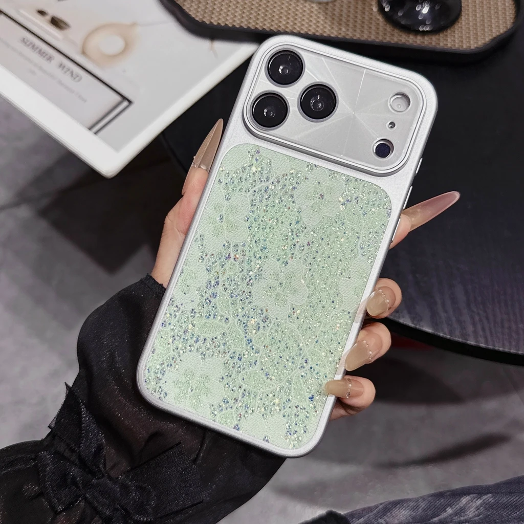 (capa Para Iphone 15 Pro Verde) Película Protetora De Lente Com Padrão De Flash E Borda Prateada Para Dissipação De Calor