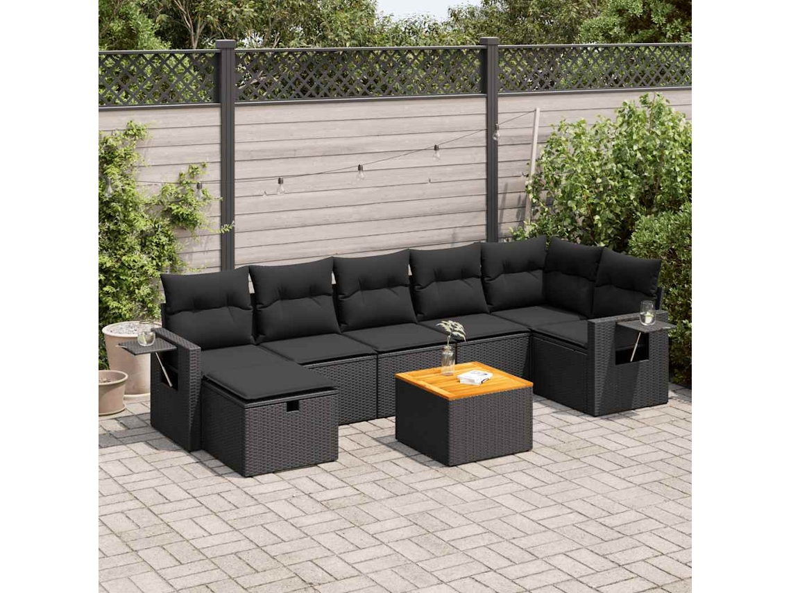 Vidaxl 8 Pcs Conjunto Sofás De Jardim Com Almofadões Vime Pe Preto