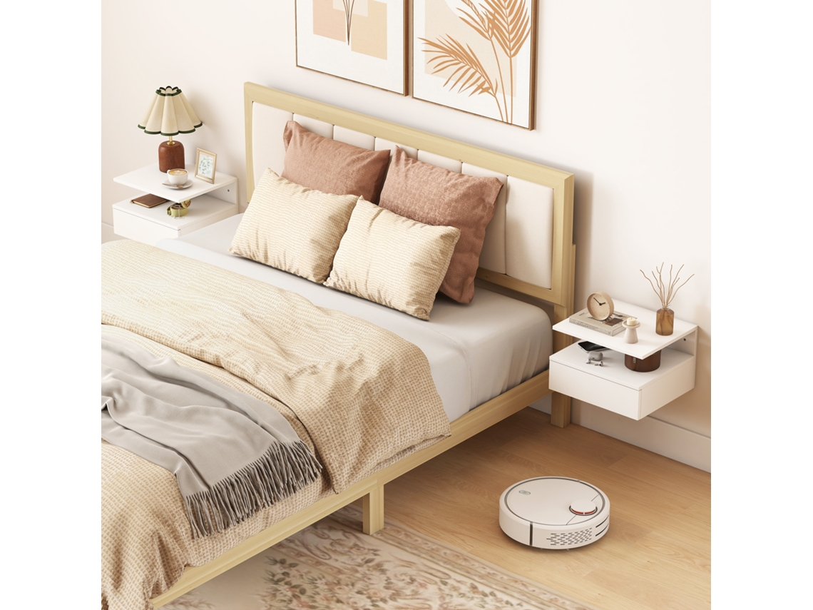 Conjunto 2 Mesinhas Cabeceira Suspensas Gaveta E Prateleira Aberta, 35x32x22,5 Cm, Branco