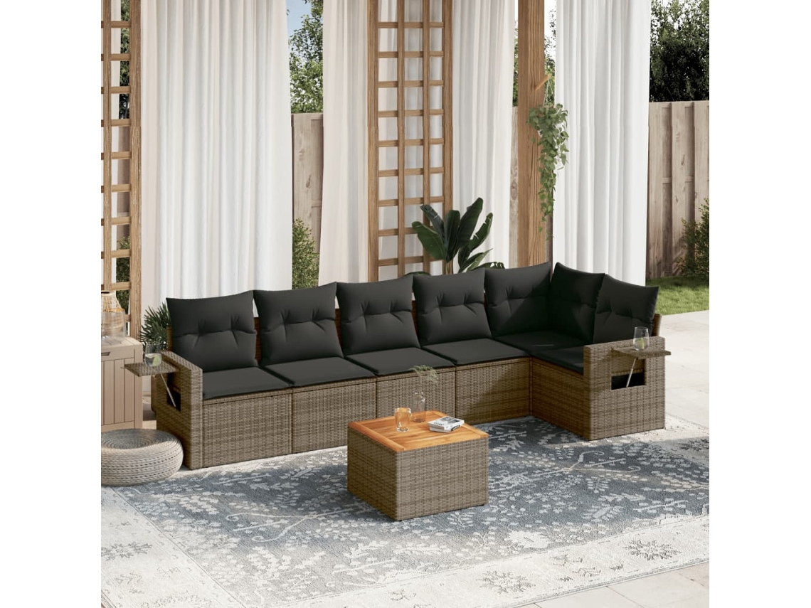 Vidaxl 7 Pcs Conjunto Sofás P/ Jardim C/ Almofadões Vime Pe Cinzento
