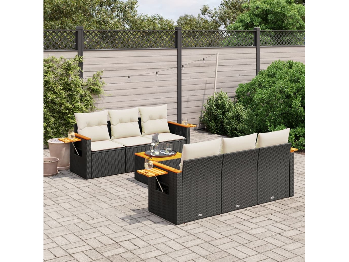 Jogo de Sofá 7 Peças P/ Jardim C/ Almofadões Vime Pe Preto Dkd Home Decor