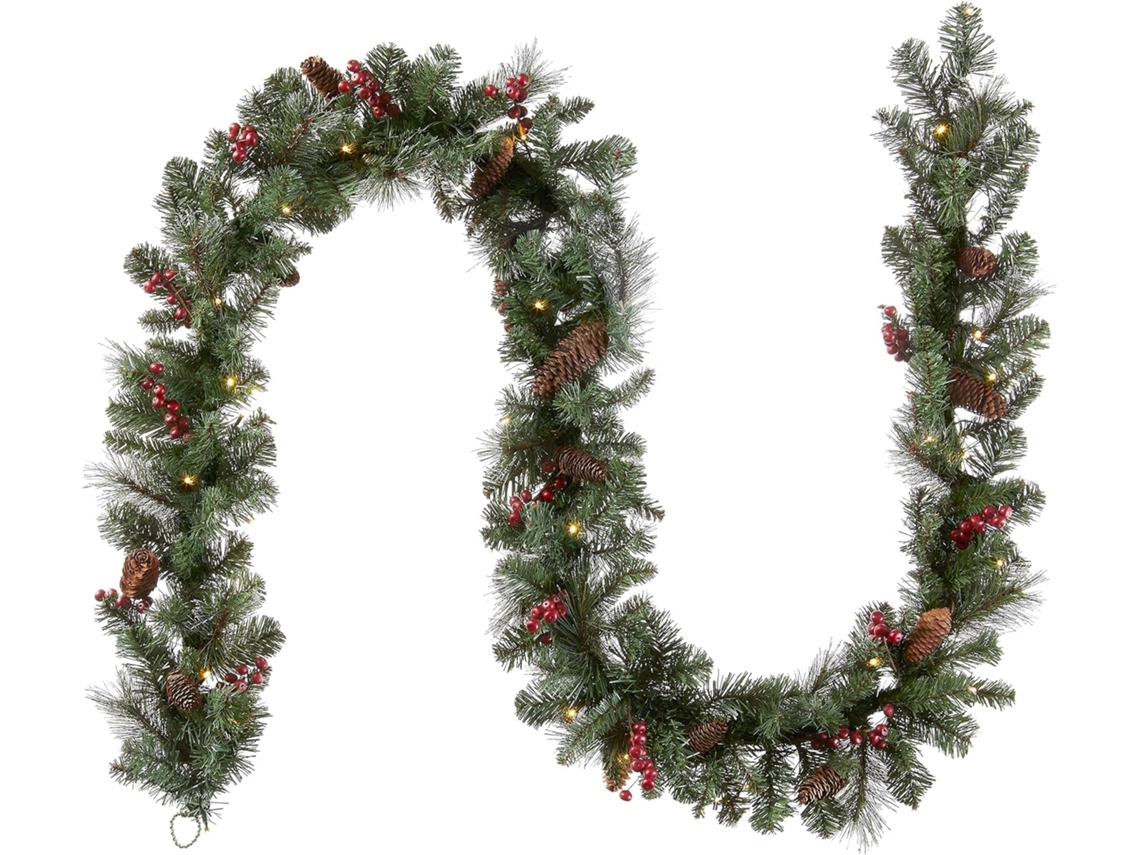 Guirlanda De Natal Artificial Pré Iluminada, Verde, Abeto Crestwood, Velas Brancas, Decorada Com Pinhas, Cachos De Frutas Vermelha Aquaforge