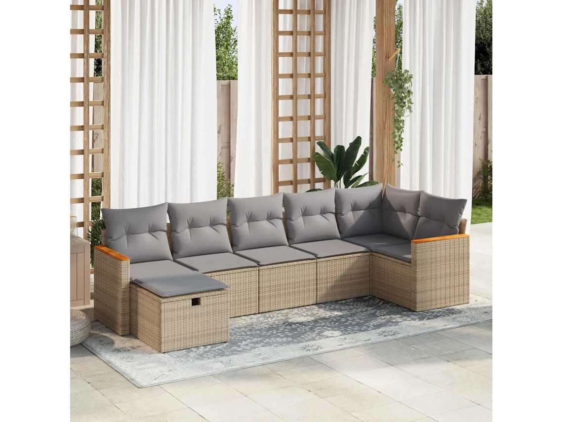 Vidaxl 7 Pcs Conjunto De Sofás P/ Jardim Com Almofadões Vime Pe Bege