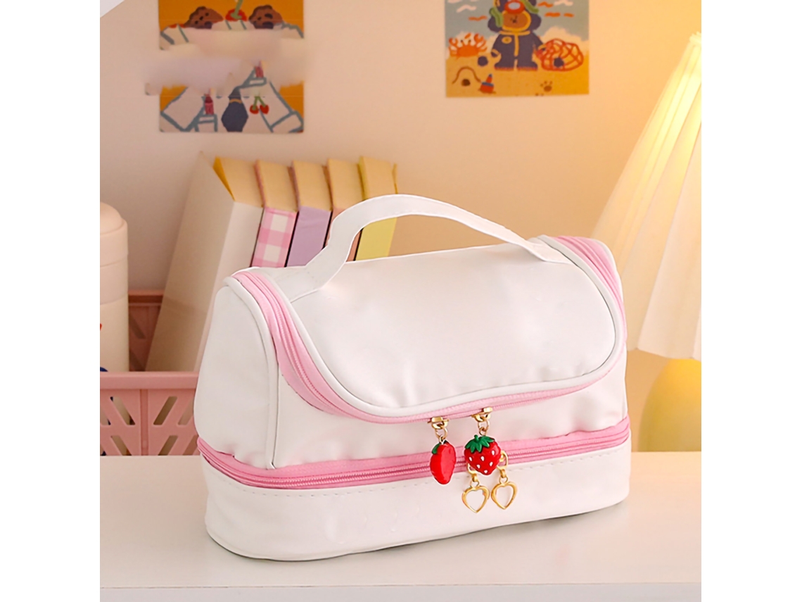 Estuche Para Lápices De Poliuretano Con Bonitos Dibujos, Impermeable, De 2 Capas, Portátil, Con Cremallera Doble En Forma De Fresa, Color Rosa