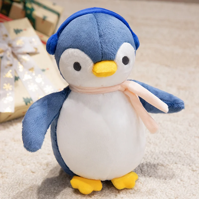 Lindo Pinguim de Pelúcia Realista de Desenho Animado com Fones de Ouvido MDUG (azul, 25cm)