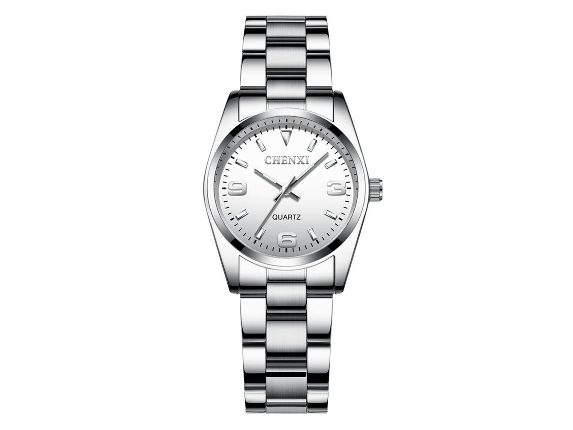 Relógio de quartzo para casal com mostrador redondo luminoso, à prova d'água, em aço inoxidável (branco feminino)