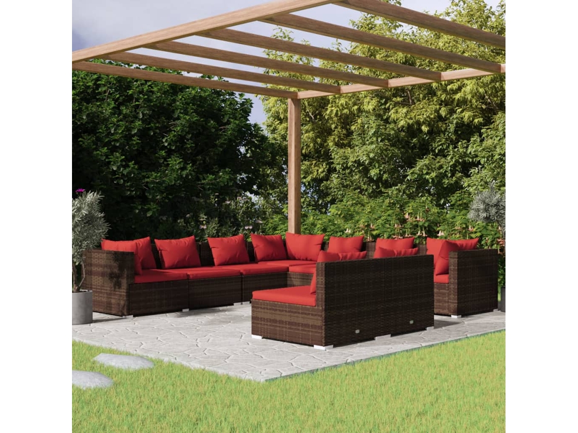 Vidaxl 9 Pcs Conjunto Lounge Jardim C/ Almofadões Vime Pe Castanho