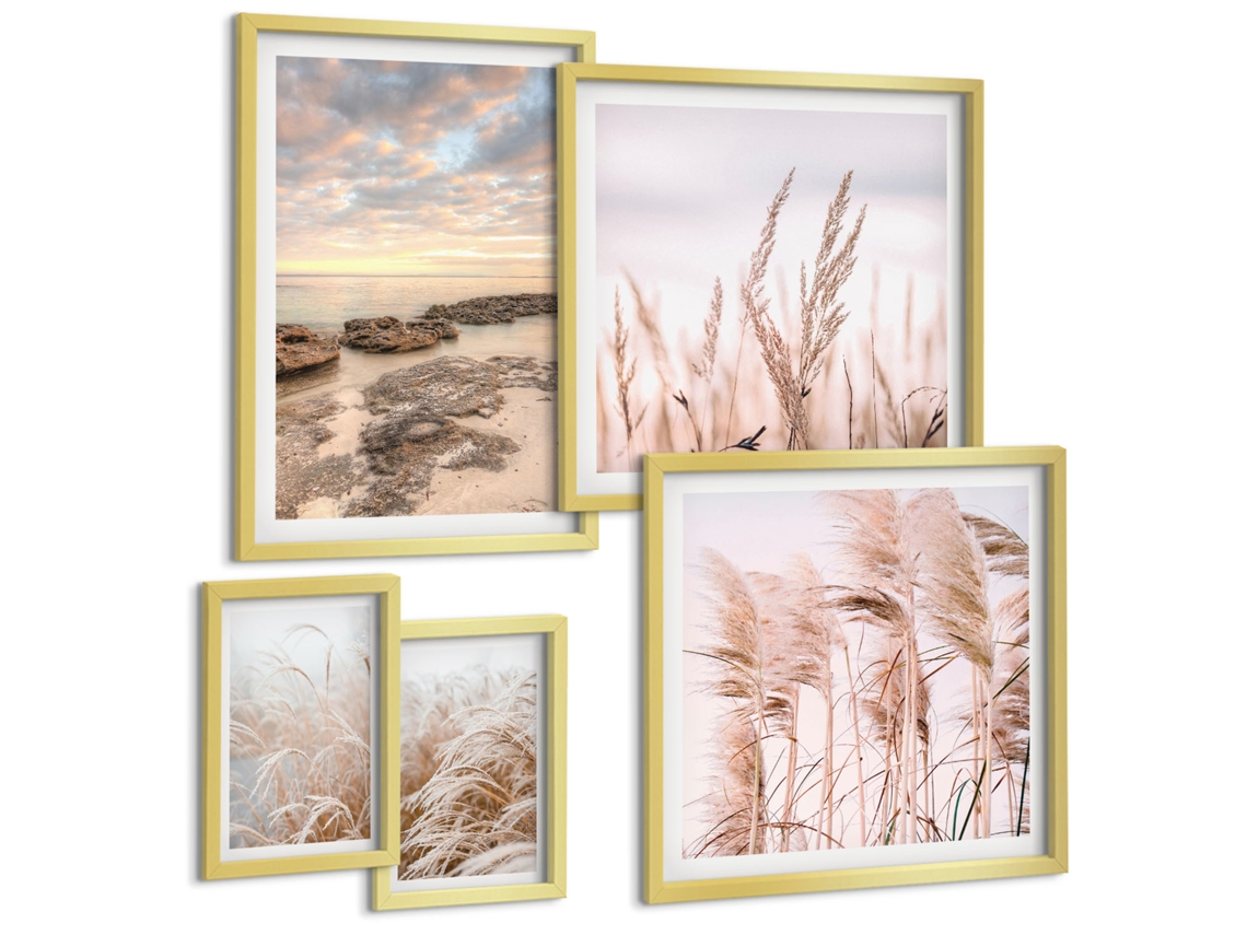Composição De Quadros Paisagens De Montanha Com Água, Céu Moldura Dourada Quadros Para O Escritório Espelharte (conjunto De 5 Imagens)