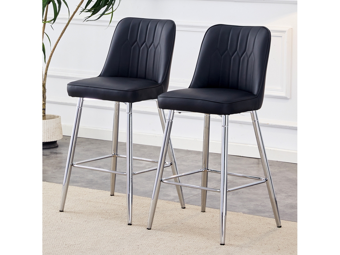 Banquetas Altas 100cm, Couro Pu Preto, Metal Prateado, Apoio Pés. Várias Cores. Ideal Para Bar.