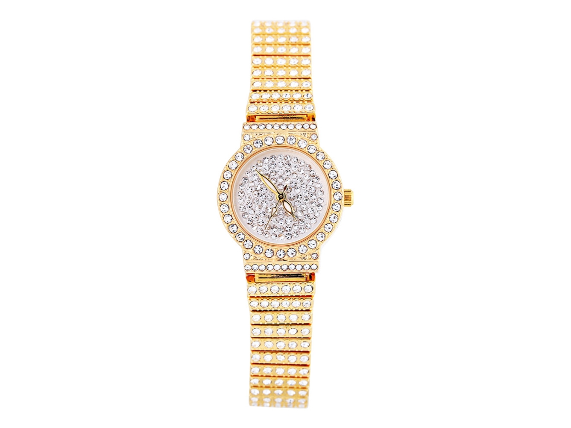 Relógio Analógico Feminino de Quartzo com Strass e Mostrador Redondo Dourado