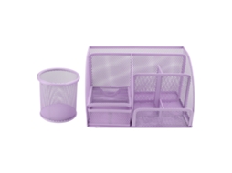 Conjunto Porta canetas Metal Malha 7 Grelhas com Gaveta Organizador de Escritório Violeta