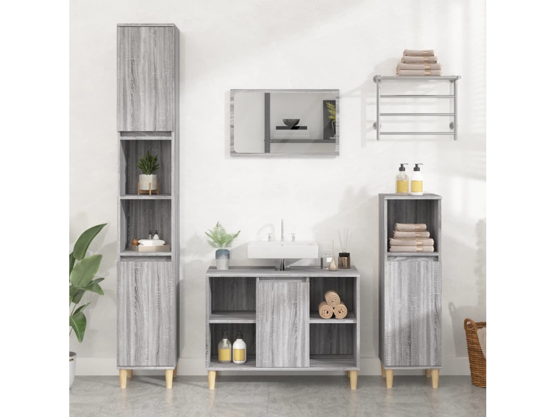 Vidaxl 3 Pcs Conjunto Móveis Casa De Banho Madeira Proc. Cinza Sonoma