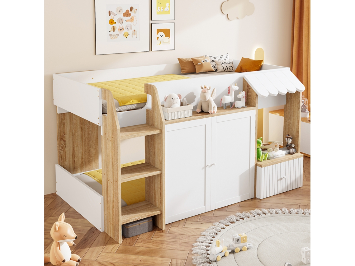 Cama Infantil 90x200 Com Espaço De Arrumação, Escada De Trepar, Cama Alta Em Madeira Maciça Cor Madeira E Branco Mobrio