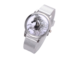 Relógio masculino de quartzo com pulseira de malha e mostrador redondo com estampa de cavalo (prateado)
