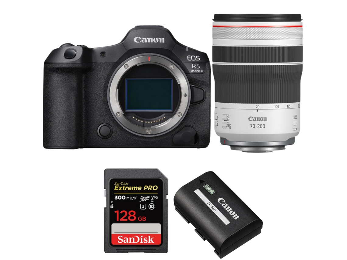 Eos R5 Mark Ii + Rf 70 200mm F/4 L Is Usm + 1 Sandisk 128gb Uhs ii 300mb/s + 1 Canon Lp e6p + Ebook “20 Dicas para Fotos Que Impressionam” CANON