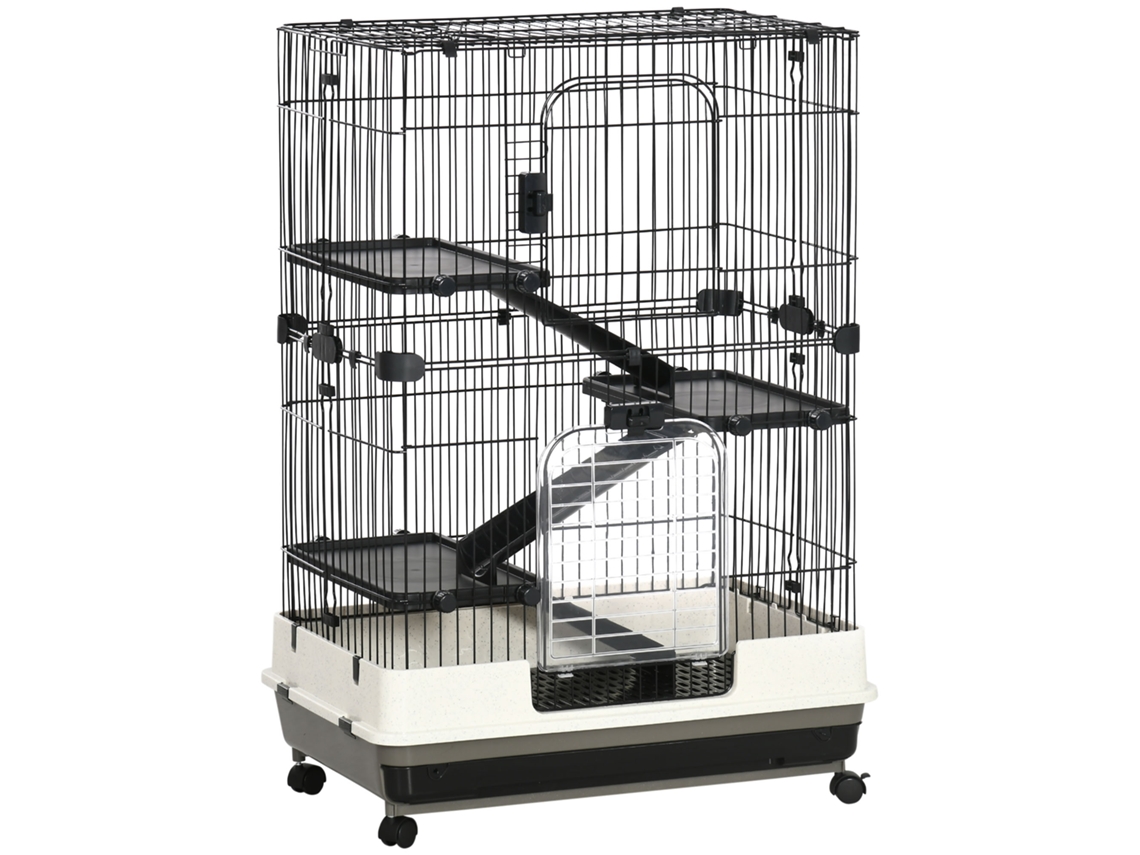 Gaiola de Pequenos Animais com Roletes, 3 Plataformas Removíveis, 3 Rampas, Bandeja Inferior Metálica Removível, Pp,, 81,2 X 52,7 114 Preto