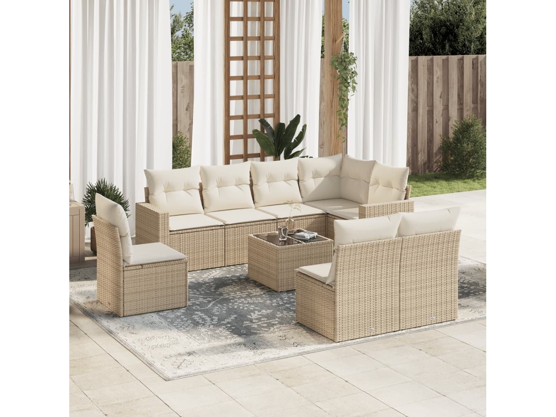 Vidaxl 9 Pcs Conjunto De Sofás P/ Jardim Com Almofadões Vime Pe Bege