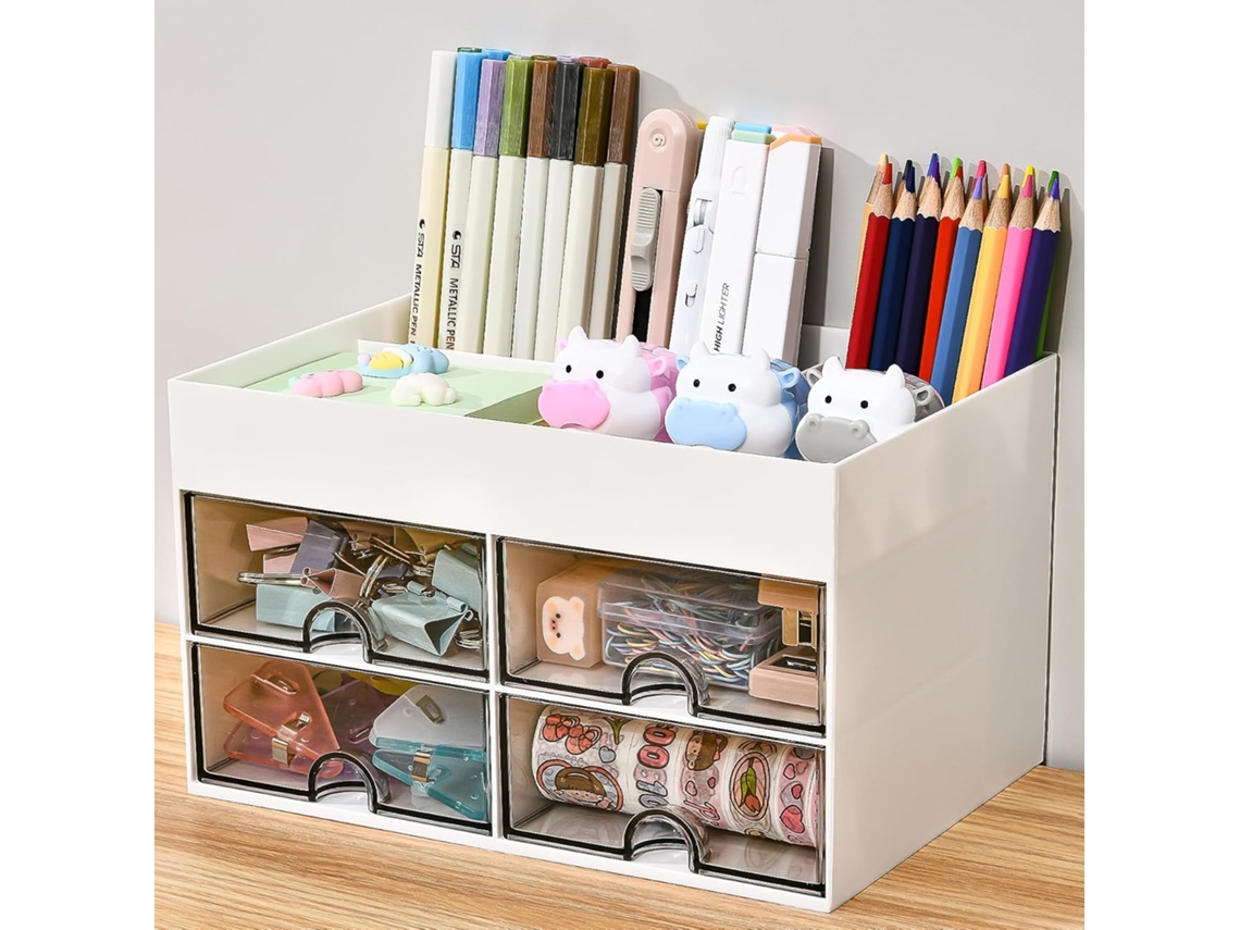 Organizador de Mesa Multifuncional em Plástico Branco com 4 Gavetas Deslizantes, 4 Compartimentos e Porta, Canetas BRILVIBERA