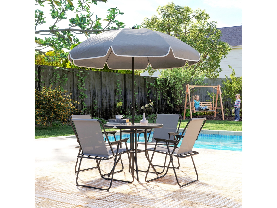 Conjunto Móveis Jardim 6 Peças Mesa Redonda Cadeiras Dobráveis Guarda-chuva Pátio Terraço Cinza