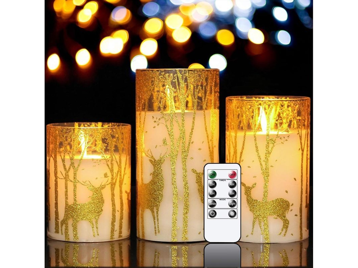 Velas Sem Chama com Timer e Controle Remoto 3 Pacotes com Veado Dourado Decoração Natal com Marca