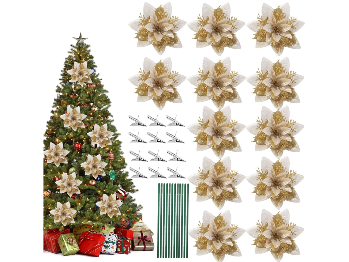 Lote De 12 Flores Artificiais De Natal Com Glitter Inclui 12 Clipes E Hastes De Metal Dourado Btforus