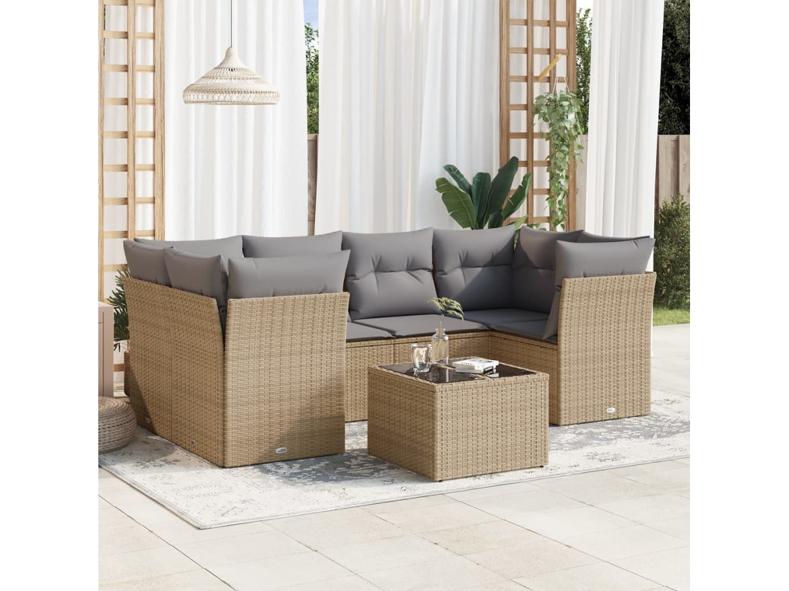 Vidaxl 7 Pcs Conjunto De Sofás P/ Jardim Com Almofadões Vime Pe Bege