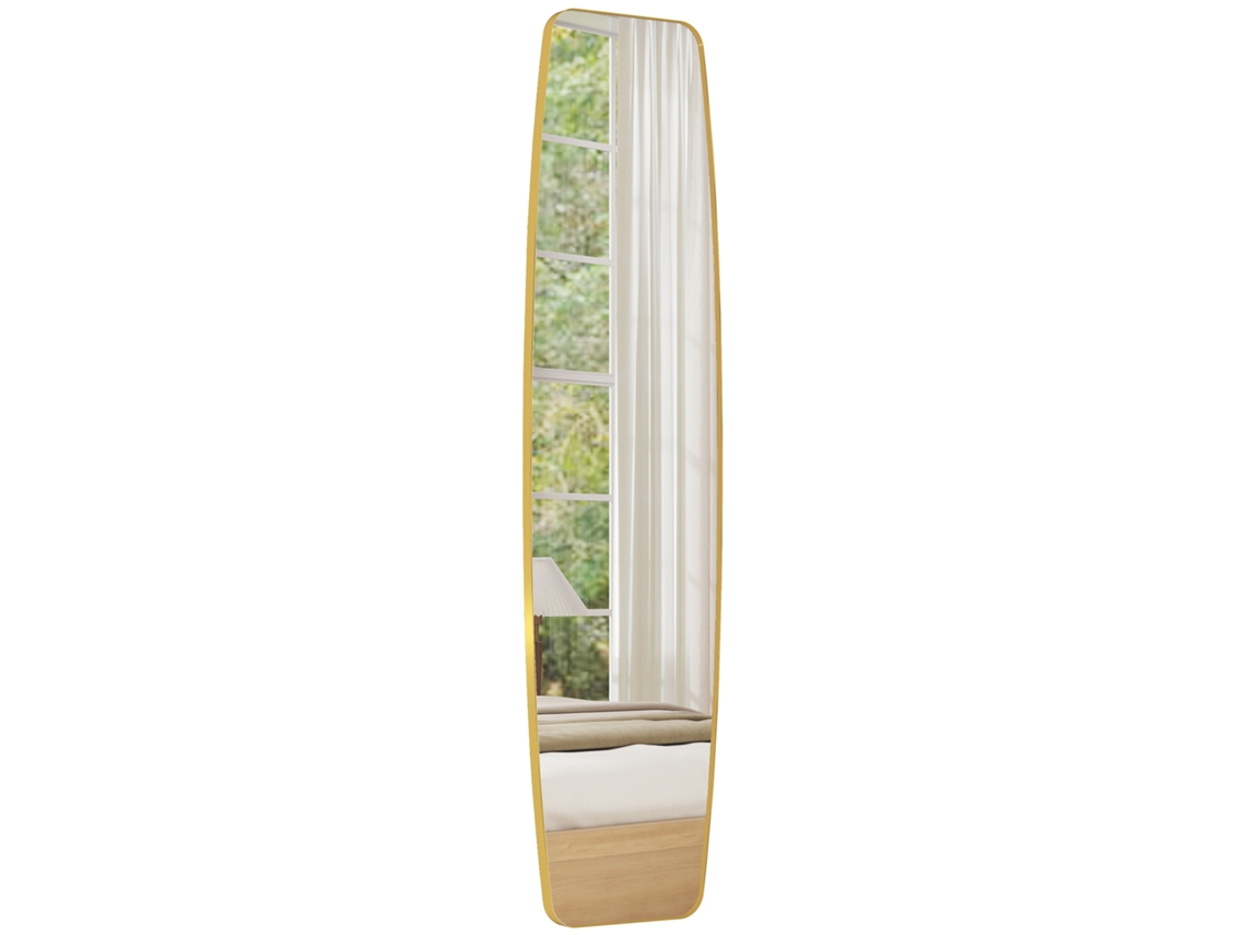 Espelho Oval Parede 160x40cm Com Moldura Metal E Madeira, Design Moderno Pendurado Dourado
