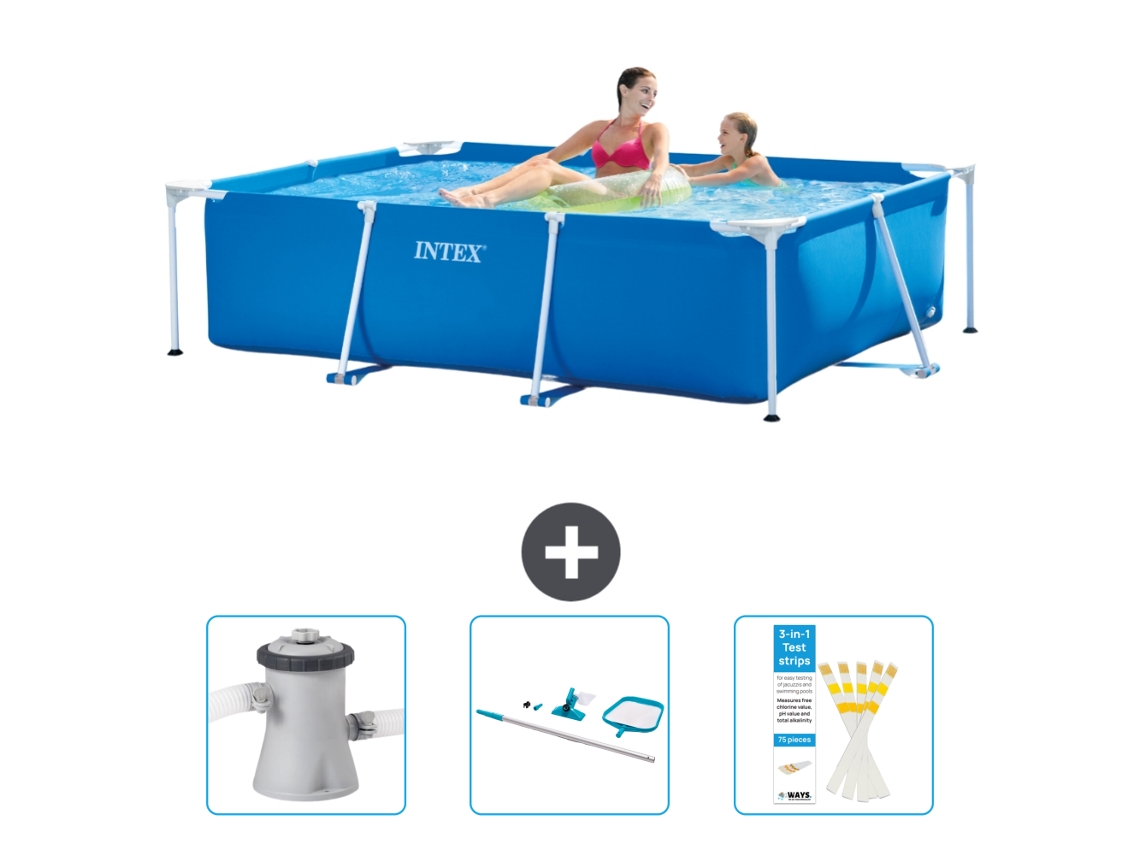 Piscina com Estrutura Retangular INTEX 220 X 150 X 60 Cm Azul Incluída Bomba de Filtro de Piscina Kit de Limpeza Tiras de Teste