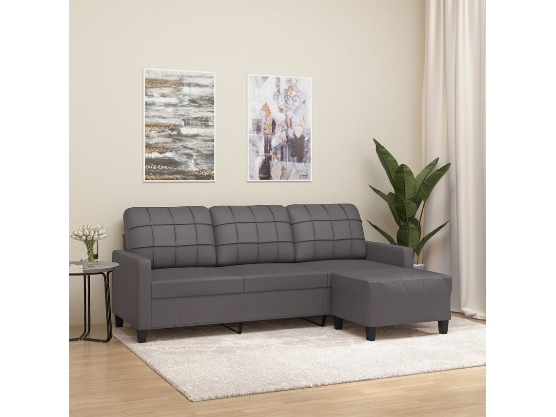 Vidaxl Sofá De 3 Lugares C/ Apoio De Pés 180 Cm Couro Artificial Cinza
