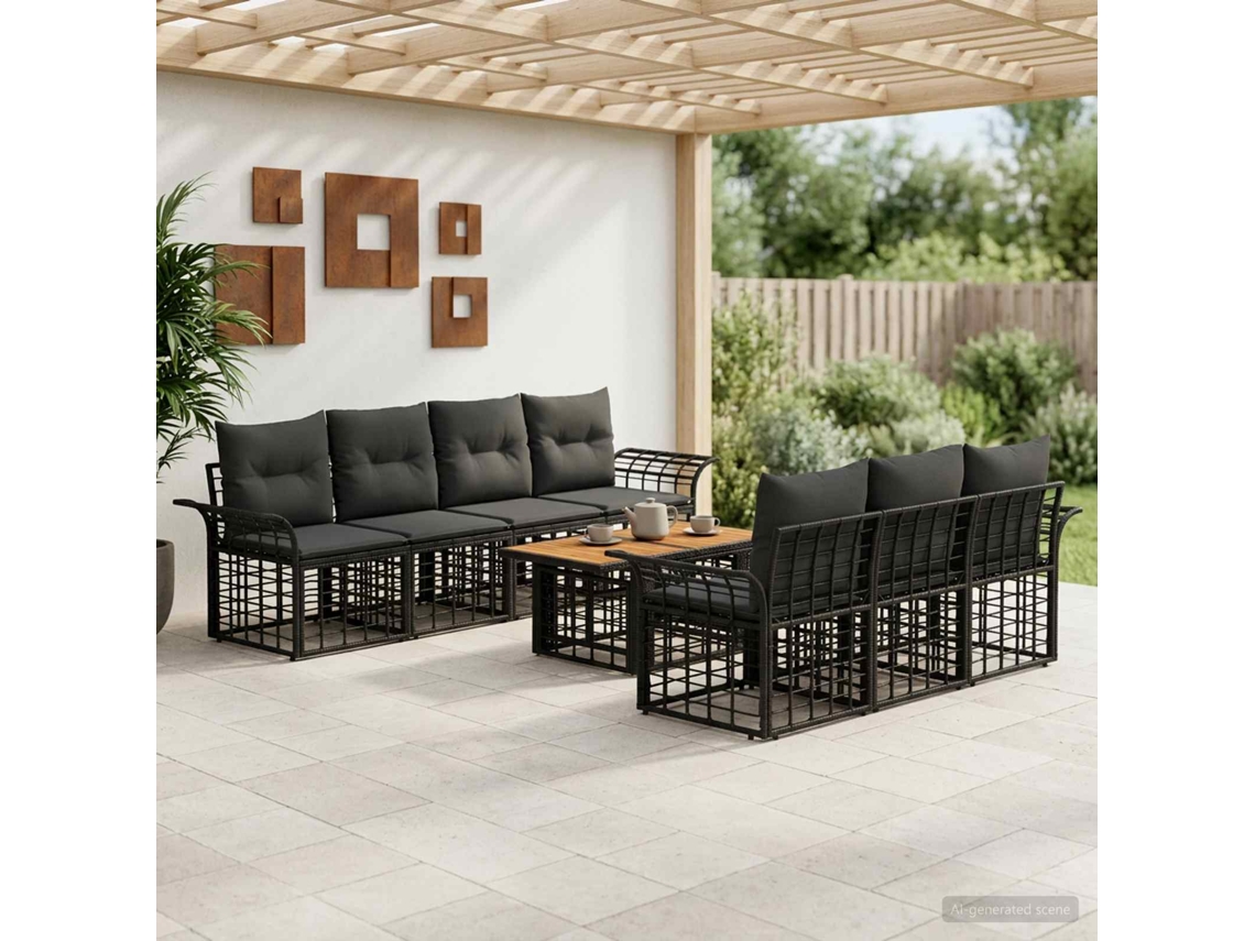 Vidaxl Conjunto De Sofá De Jardim 8 Unid. Preto E Cinza Escuro Vime Pe