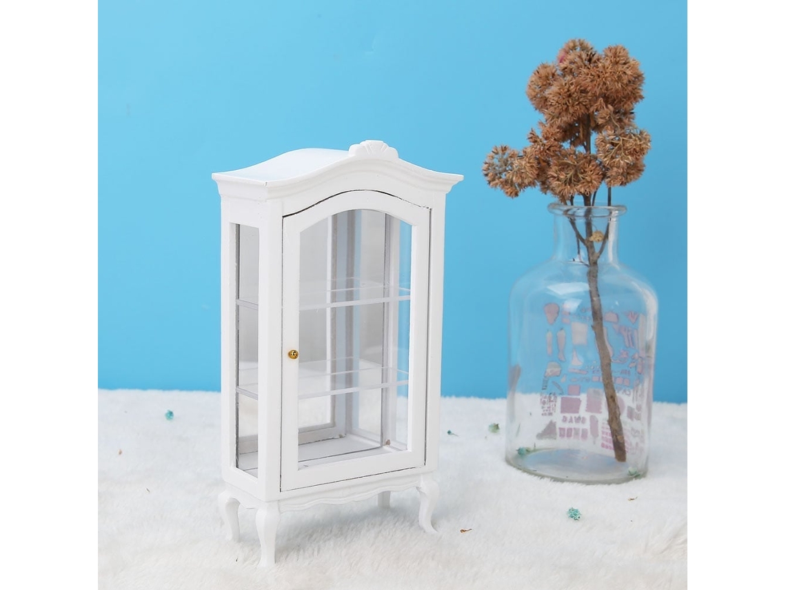 Primerox armário de Exibição de Madeira Branco Miniatura 3 Camadas com Janela Transparente para Casa de Bonecas 1:12
