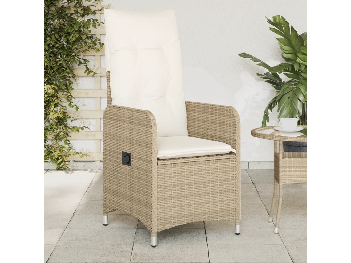 Vidaxl Cadeira De Jardim Reclinável Com Almofadões Vime Pe Bege