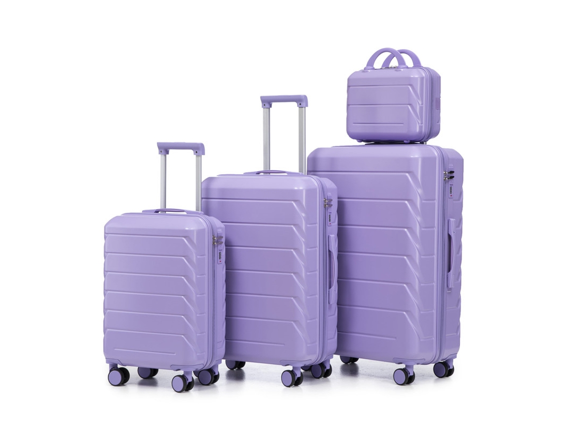 Conjunto De Malas Abs De 4 Peças De 14", 19", 24" E 28" Com Alças Laterais, Ganchos E Fechadura Integrada Em Azul E Roxo.