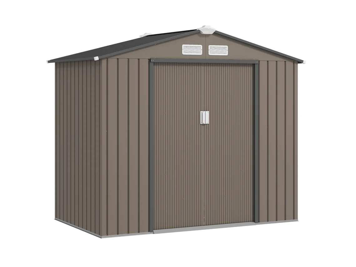 Abrigo De Jardim Metálico Exterior 213x130x185 Cm, 2 Portas Deslizantes E 4 Janelas, Marrom