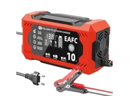 Carregador de Bateria Automotiva EAFC 12V 10A, Com Função de Reparo de Pulso, Display LCD para carros, motos e baterias AGM, GEL e Chumbo-ácido.