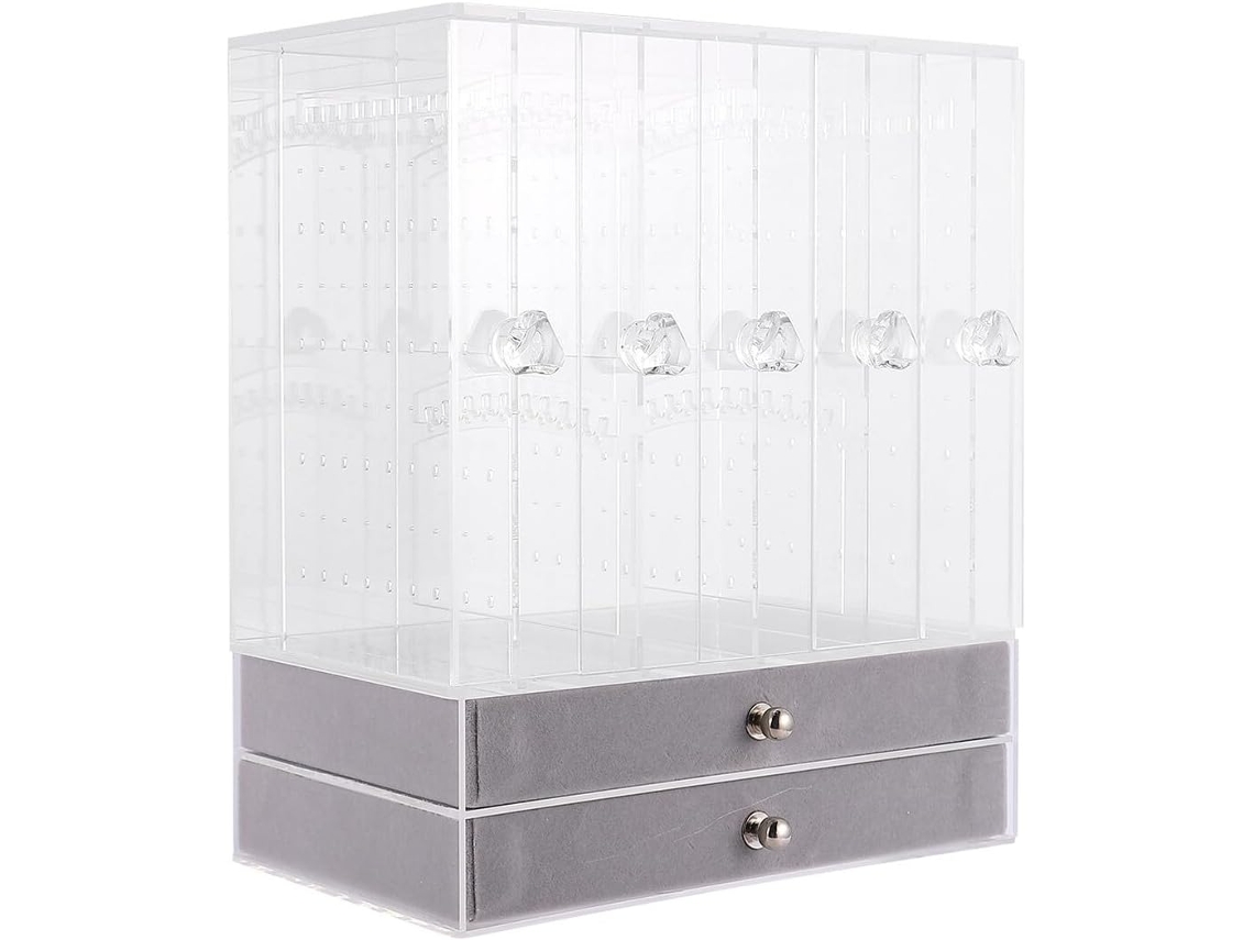 Suporte Expositor Para Colares Em Acrílico Transparente Com 5 Portas E 2 Gavetas.