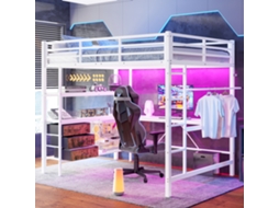 Cama Alta 140x200cm Com Led, Mesa, Tomada Usb, 3 Gavetas, Branco