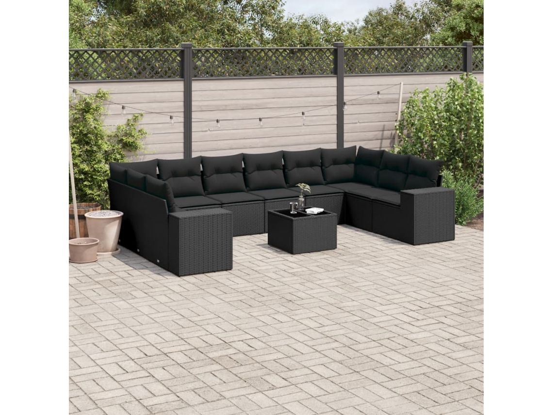 Vidaxl 11 Pcs Conjunto Sofás De Jardim C/ Almofadões Vime Pe Preto